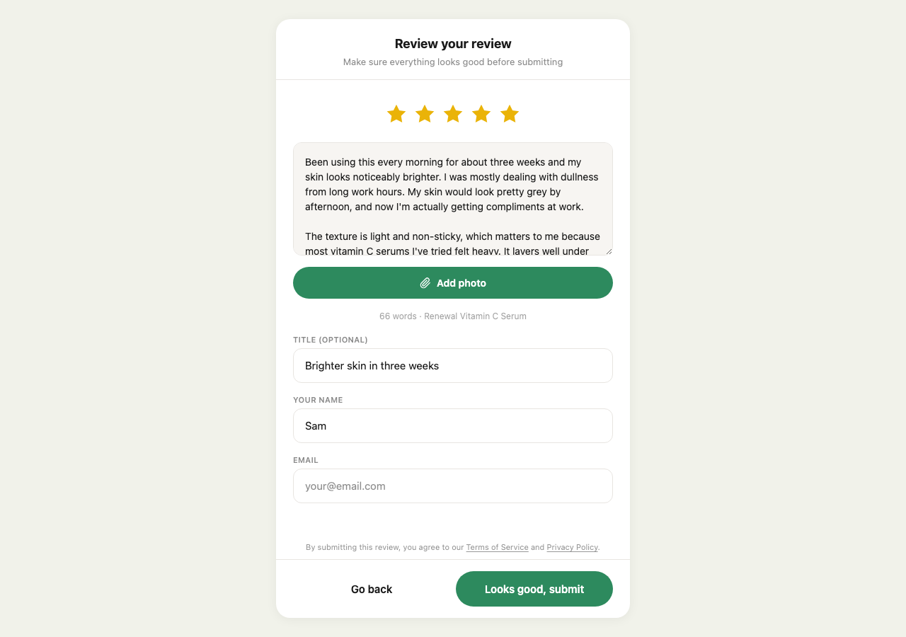 The review draft screen showing star rating, editable body, title, name, and email fields