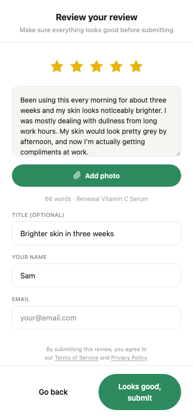 The review draft screen showing star rating, editable body, title, name, and email fields