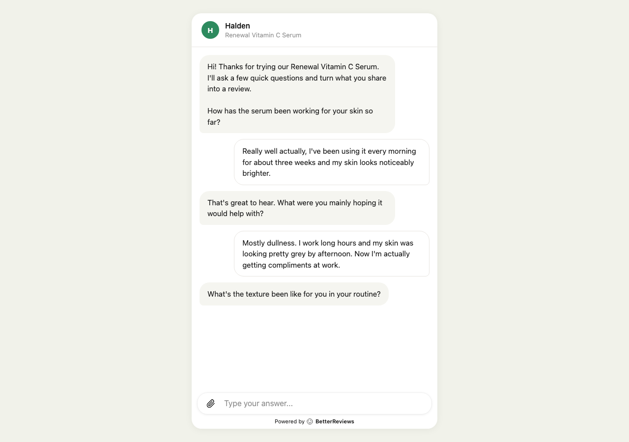 A few messages back and forth between the chat and a customer