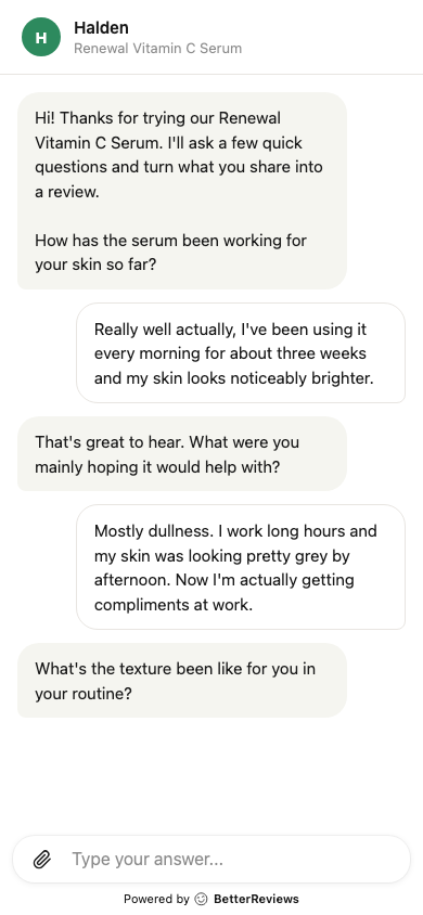 A few messages back and forth between the chat and a customer