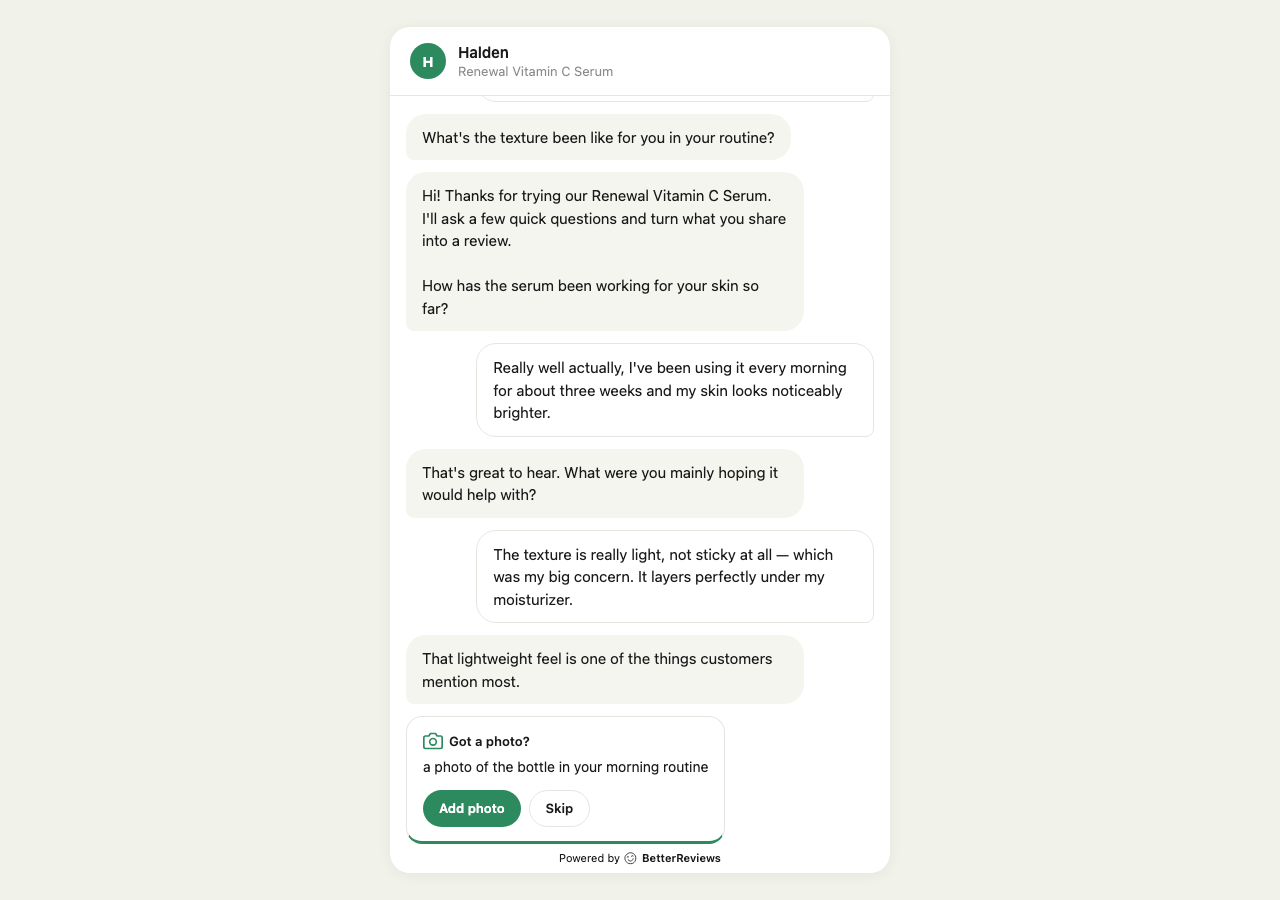 Photo prompt card appearing in the chat with an Add photo button