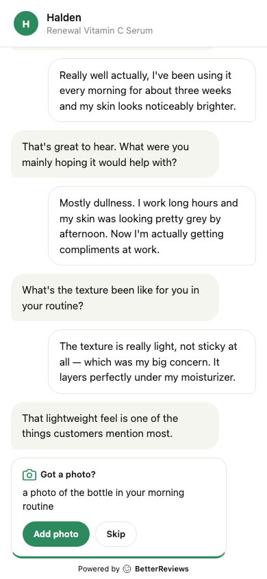 Photo prompt card appearing in the chat with an Add photo button