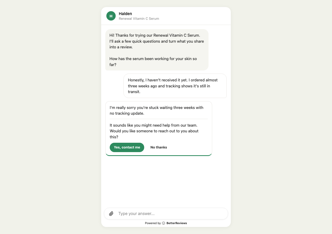 Support card offering to put the customer in touch with the merchant team