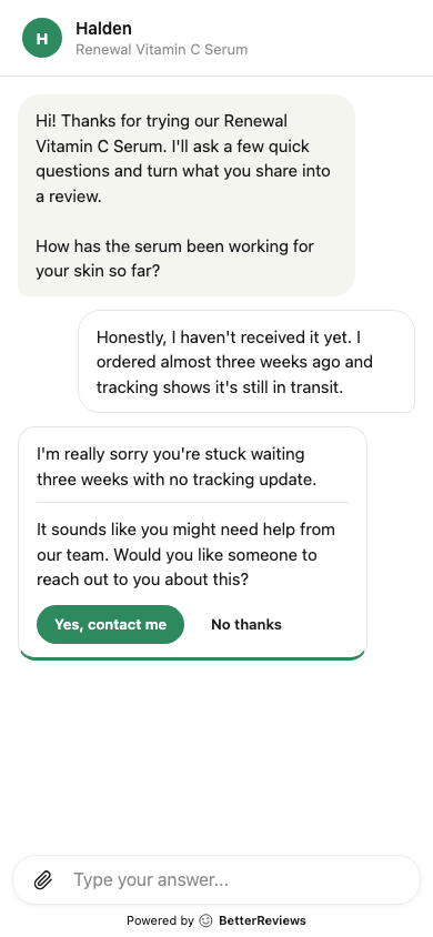 Support card offering to put the customer in touch with the merchant team