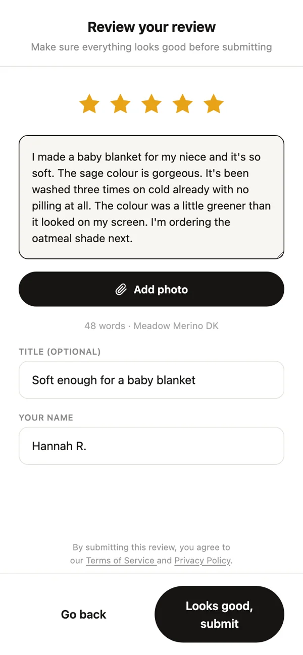 The Review your review screen: the shopper edits the drafted review before submitting