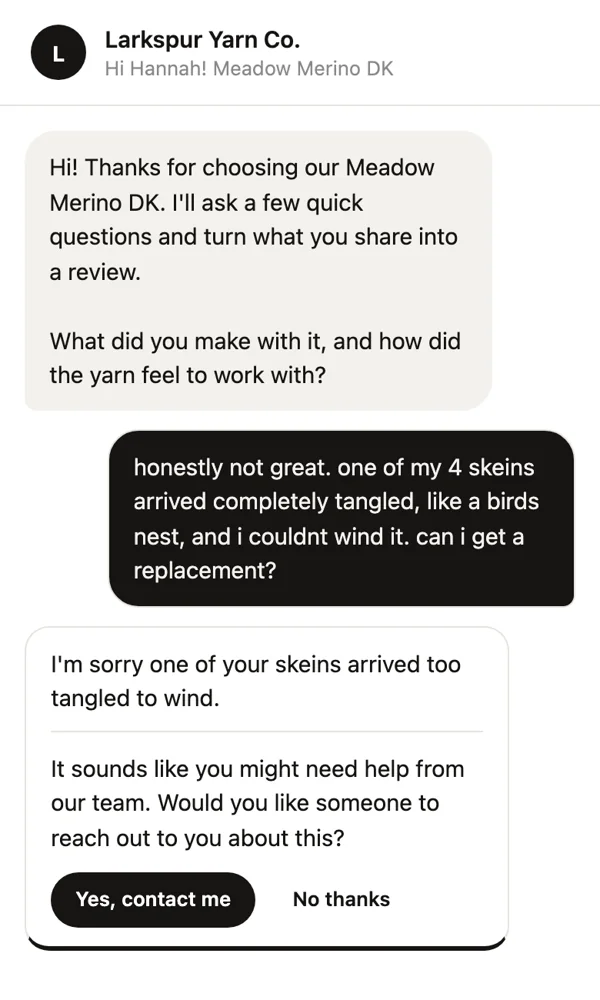 The chat offering to have the store's team reach out after a skein arrived tangled