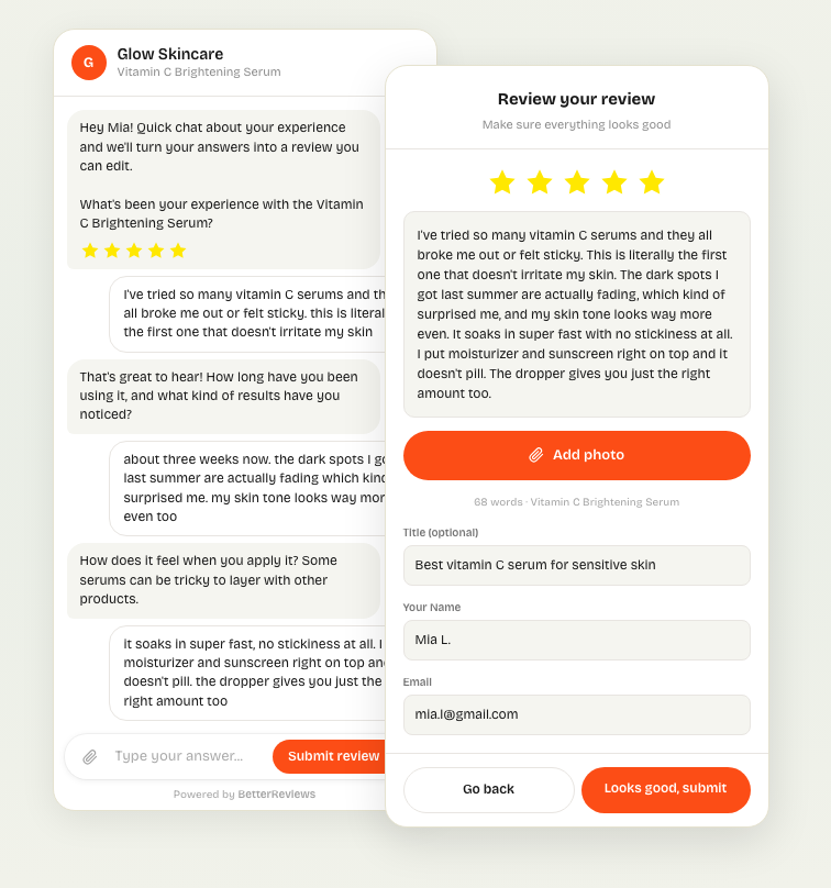 The BetterReviews chat on a phone, next to the finished draft review the customer checks before submitting